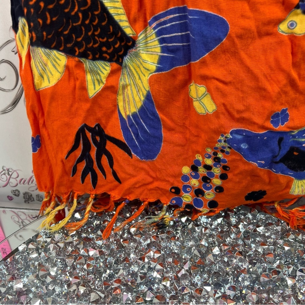 Scarf wrap fish Vibrant Orange Rayon Tapestry with Yellow & Blue Fish Print - Picture 2 of 8